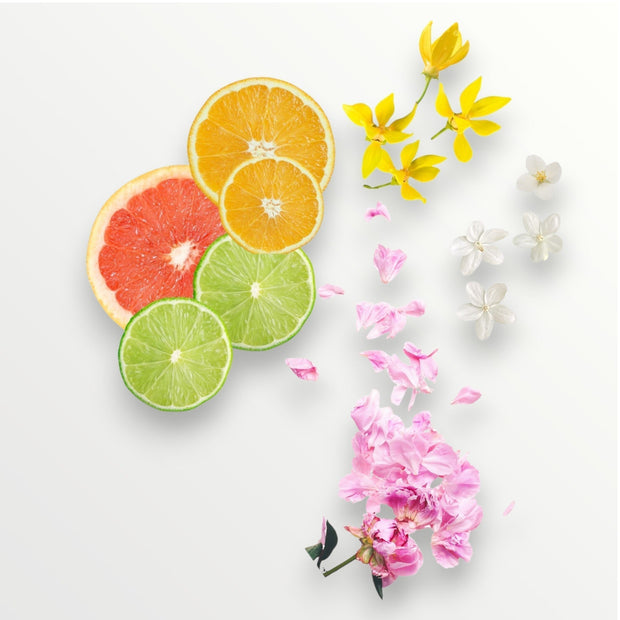 Sliced citrus fruits with flowers on a white background