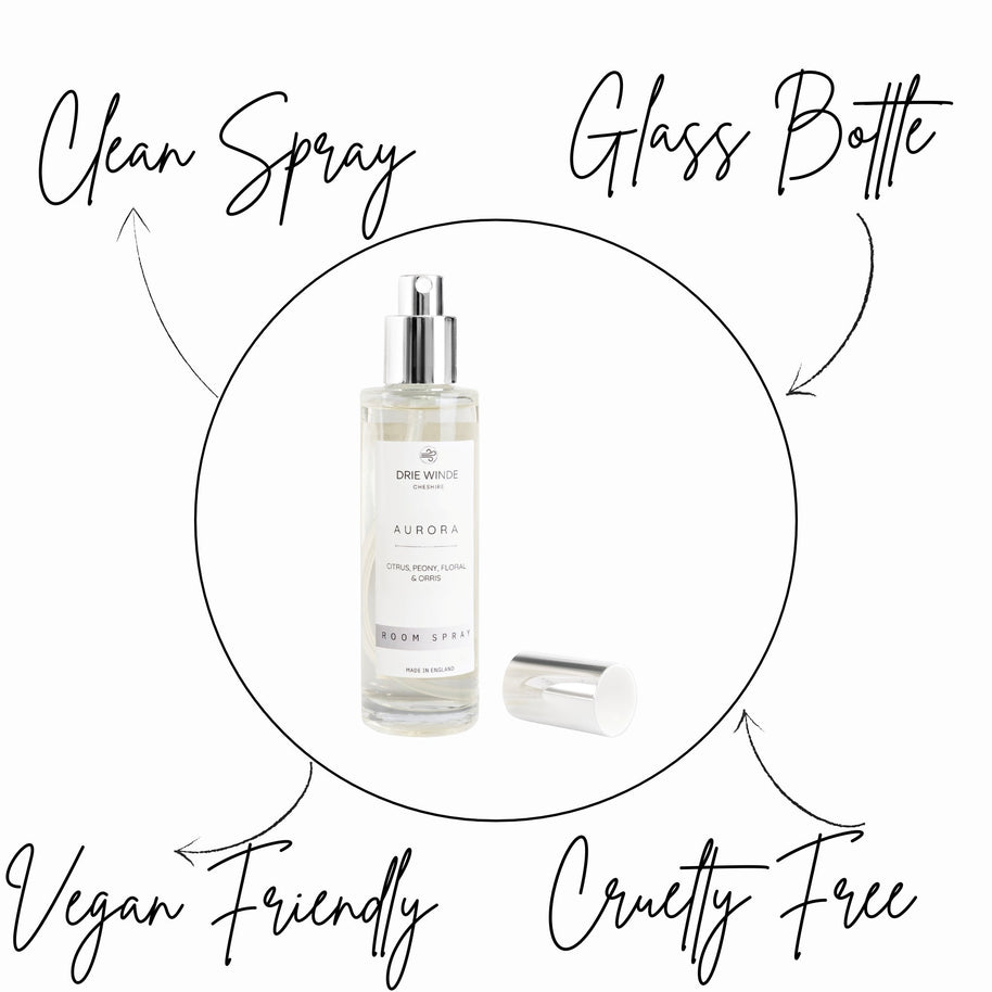 Glass bottle with spray nozzle labeled 'Clean Spray' and 'Glass Bottle', surrounded by text indicating 'Vegan Friendly' and 'Cruelty Free'.