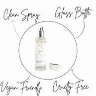 Glass bottle with spray nozzle labeled 'Clean Spray' and 'Glass Bottle', surrounded by text indicating 'Vegan Friendly' and 'Cruelty Free'.