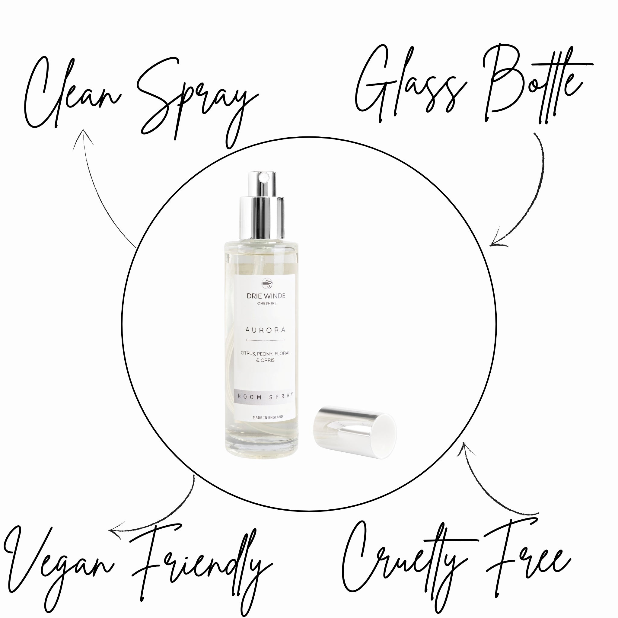 Glass bottle with spray nozzle labeled 'Clean Spray' and 'Glass Bottle', surrounded by text indicating 'Vegan Friendly' and 'Cruelty Free'.