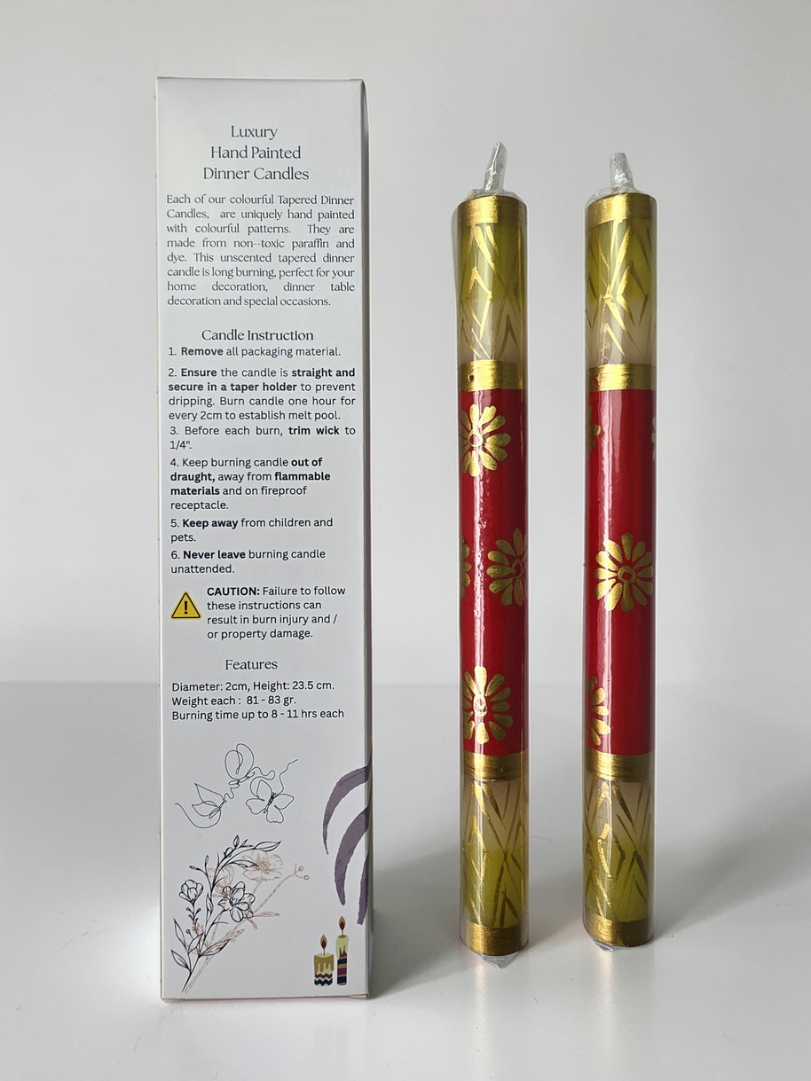 HAND PAINTED TAPER CANDLES - GOLD & RED