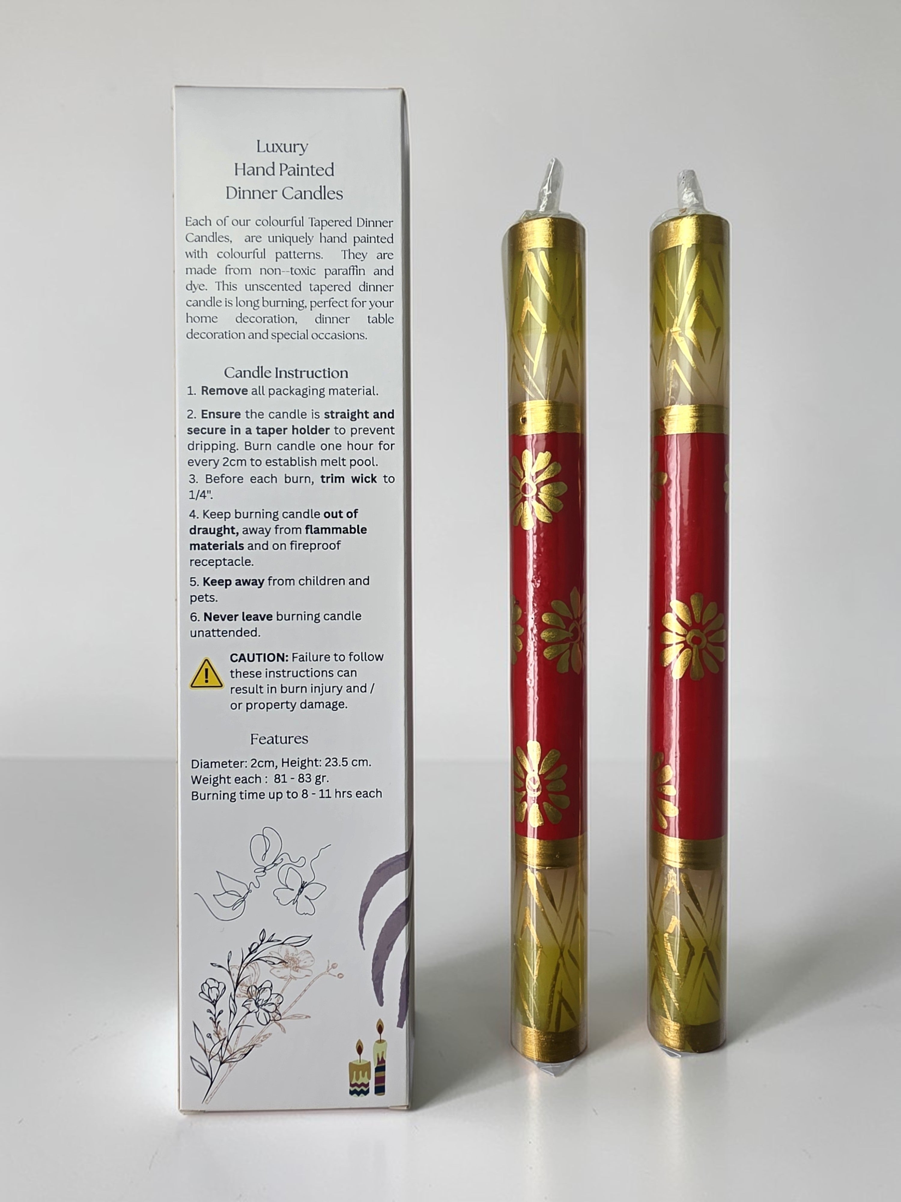 HAND PAINTED TAPER CANDLES - GOLD & RED