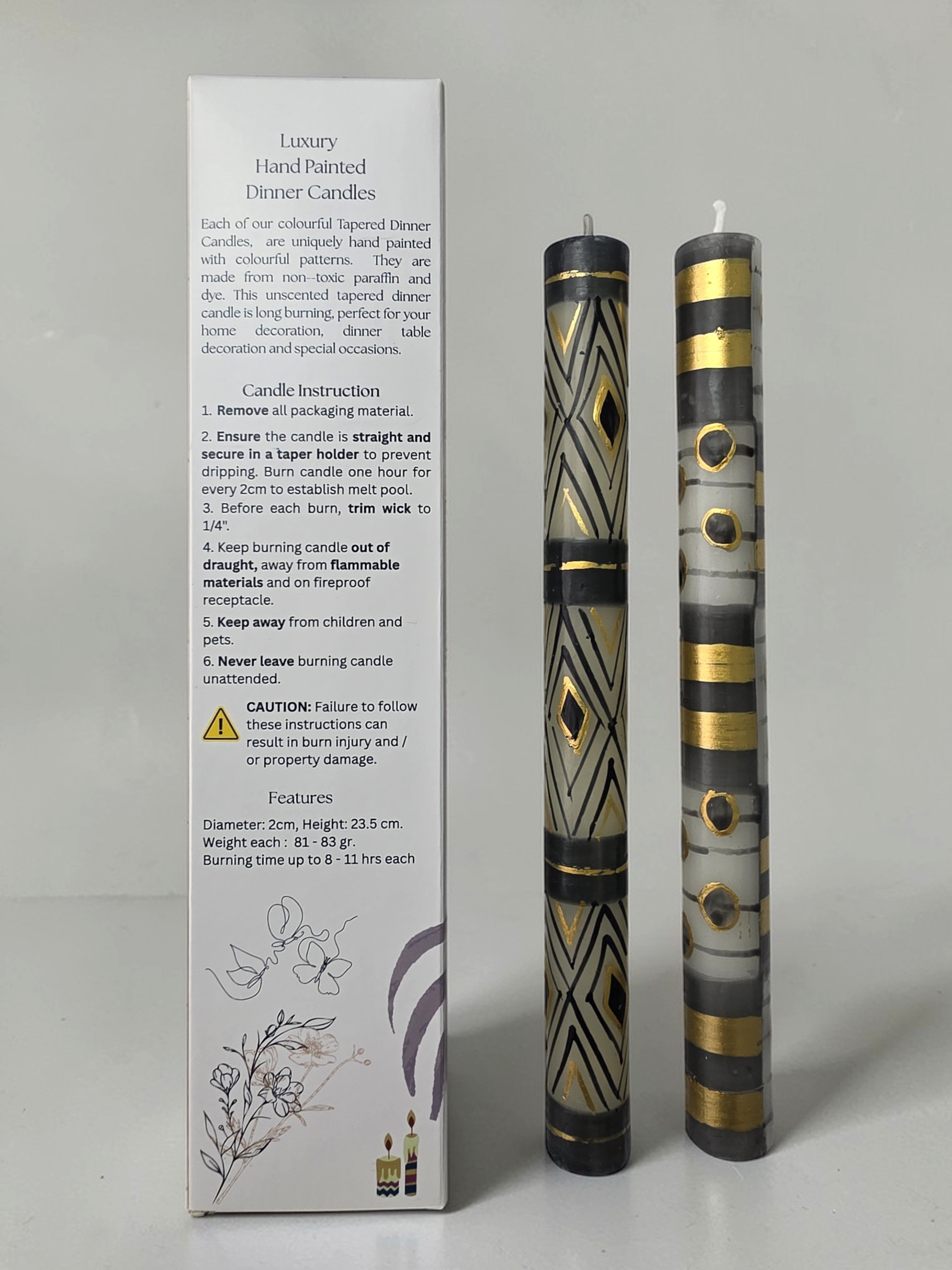 HAND PAINTED TAPER CANDLES - BLACK & GOLD